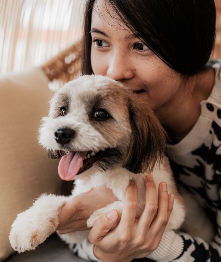 A person holding a fluffy white and brown dog with its tongue out, looking towards the camera.